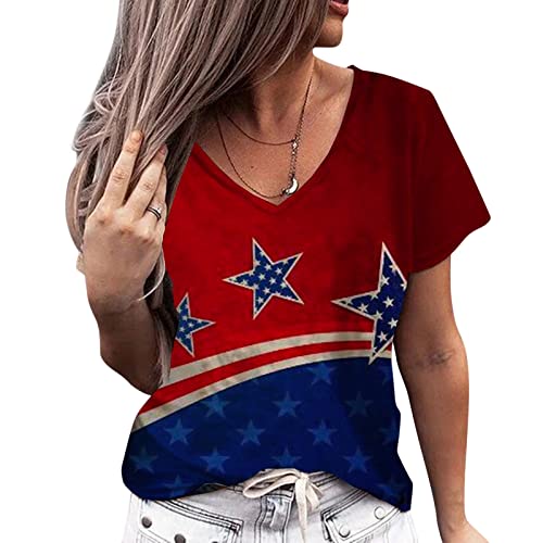 Frauen-handgemaltes amerikanische Flaggen-Hemd mit V-Ausschnitt T-Shirt Pullover Kurzarm-Oberteile Unabhängigkeitstag-Hemd Neon Shirt Damen (Red, XXXL)