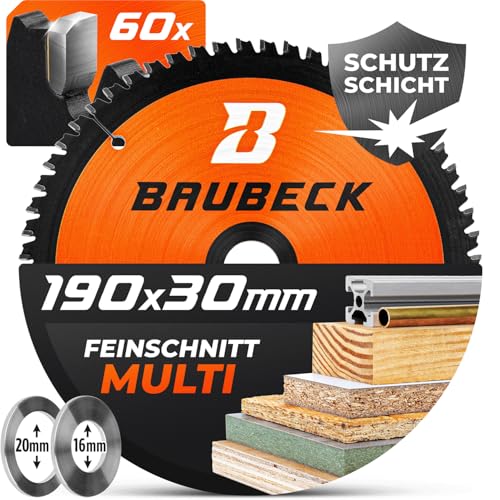 BAUBECK Sägeblatt 190x30 inkl. 20mm/16mm Reduzierringe - Multi Material Feinschnitt - Kreissägeblatt 190x30 für Holz, Aluminium, Metall uvm. - Sägeblatt 190x20 und Sägeblatt 190x16