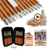 HOLZWURM Holz-Schnitzwerkzeug Set - 17 teilig, inkl. Video-Tutorial [46 MINUTEN] & E-Book für Einsteiger, Tasche & Abziehstein, ideales Schnitzmesser-Set für Anfänger und Profis