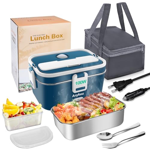 Anykuu Beheizte Lunchbox 1,8L – 100W Tragbare Elektrische Lunchbox 3-in-1 für Auto (12V), LKW (24V) & Büro/Zuhause (220V) – Elektrische Essensbox mit Gabel & Löffel