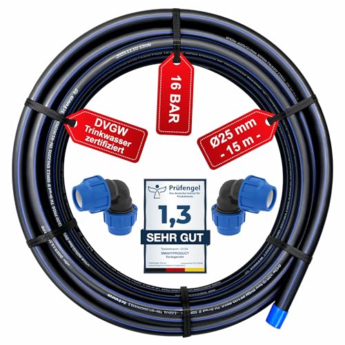 SmartProduct PE Rohr 25 mm x 15 Meter PN16 PE-HD Verlegerohr, DVGW Trinkwasser, Wasserleitung Versorgungsleitung Wasserrohr Bewässerung Kunststoffrohr schwarz inkl. 2 Kupplungen 25mm mit 90° Winkel