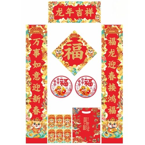 Veroda 13 Stück Chinesisch Neujahr Dekoration Set Chinesisch Couplets Chunlian Fu Charakter Ornament Fenster Abziehbilder Rote Umschläge Geschenktüte für Neujahr Frühlingsfest (Frohes Drachenjahr)