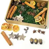 57 Stück Weihnachtskranz Deko, Adventskranz Deko, Potpourri Weihnachten, Adventskranz Bastelset mit Tannenzapfen, Eicheln, Getrocknete Orangenscheiben, Birkensternen, Dunkelgrün Moos, Sternanis (A)