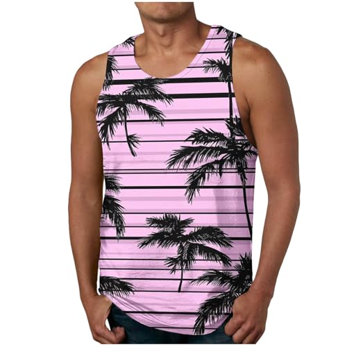 SMUXP Herrenwesten für Herren, Stranddruck, T-Shirt, lässig, ärmellos, Sommer, Sport, tropische Grafik, Tank-Top, atmungsaktiv, Rundhalsausschnitt, Farbe: Rosa., L