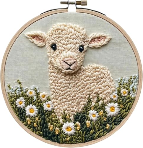 RUIQLXHANG Punch Needle Stickerei für Anfänger, Niedliche Cartoon Hochlandkuh mit Gänseblümchen, Punch Needle Starter Craft Set mit 20cm Hoop, Perfekt für Festival Geschenk und Dekoration (F)