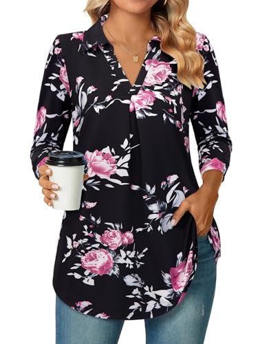 Siddhe Damen Bluse Elegant 3/4 Ärmel Oberteile V-Ausschnitt Große Größen Tunika Tops T-Shirt A-Linie Lockere Arbeits Longshirt Lässige Business Mode Hemd Büro Damenblusen Schwarz, Blumenmuster XXXL