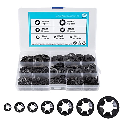 QIMEI-SHOP 500 Stück Sicherungsscheiben Unterlegscheiben Innenzahn Sicherungsscheibe M3 M4 M5 M6 M8 M10 M12 Unterlegscheibe Sortiment Kit Schwarz