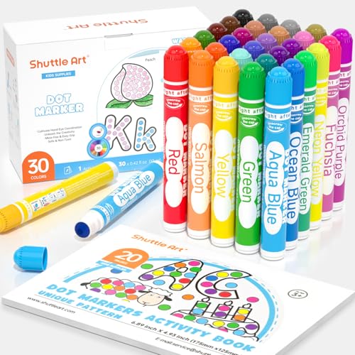 Shuttle Art 30 farbige Dot Markers, Kinderstifte auswaschbar, Bingomarker (Bingo Dabbers), mit 20 einzigartigen Mustern von Dot Book für Kinder-Kunstaktivitäten, Ungiftige Tinte auf Wasserbasis
