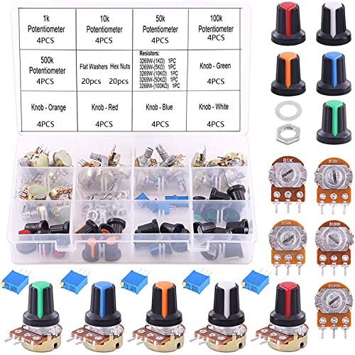 RUNCCI-YUN 25PCS Potentiometer kit,Linear Potentiometer (B1K B10K B50K B100K B500K) Rotary Potentiometer 3 pin Variable Resistors +5 pieces 3296W potentiometer trimmer kit(1K 5K 10K 50K 100K ohm)