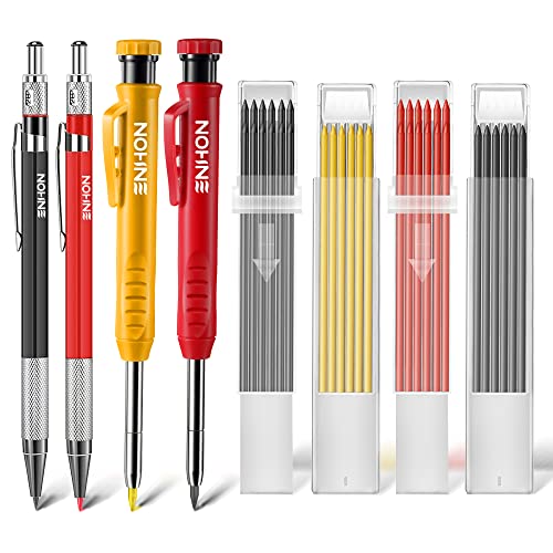 Enhon Tieflochmarker Bleistift Set, 36 Minen 4 Stück Tiefloch Holzbearbeitungsbleistifte mit Eingebautem Spitzer, Tischler Bleistift für Architektenbau (Schwarz, Rot, Gelb)