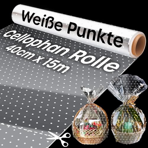 Geschenkfolie Transparent (Weiße Punkte) – 40cm x 15m Cellophanfolie für Geschenkkörbe – 3mm Dicke Vielseitig Einsetzbare Klarsichtfolie für Blumensträuße, Floristenfolie, Essenspaket (1 Rolle)