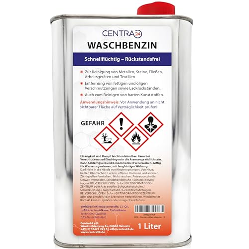 Centra24 Waschbenzin, 1 Liter, Fettlöser, Reinigungsbenzin, als Fleckentferner für Kunststoffe, Textilien - Fettlöser uvm, Siedegrenzbenzin