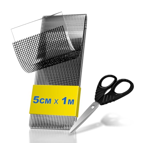 teeppo Fliegengitter Reparatur Klebeband Set - Insektenschutz Fliegengitter Reparatur Set - Stark Selbstklebend Glasfaser - Verhindern Moskitos Insekten - Inklusive Schere - Schwarz (1 m x 5 cm)