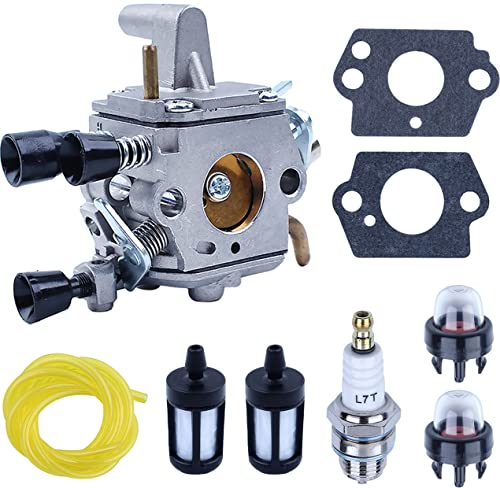 Vergaser Kit für Stihl FS120 FS200 FS300 FS350 FS120R Rasentrimmer, ADEFOL Vergaser + Kraftstofffilter + Kraftstoffschlauch + Dichtungen + Zündkerze Ersatzteile 9 in 1 Zubehör