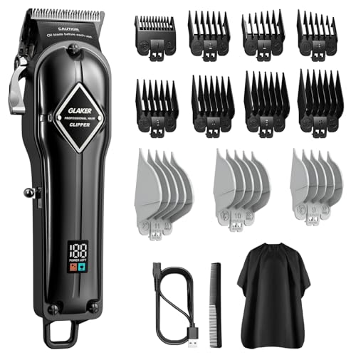 GLAKER Haarschneider Haarschneidemaschine Profi Haarschneider Herren Haartrimmer Bartschneider Kabelloses Clipper Haarschneidermit 15 Führungskämmen Tragetasche, Geschenk für Männer