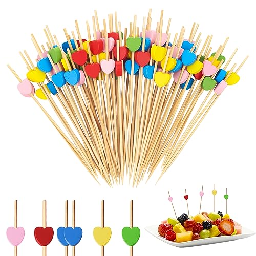 100 Stück Cocktail Picks Holz Zahnstocher, Fingerfood Spieße, Herzform CocktailSpieße mit Niedlicher Deko für Bar Kuchen Party Und Geburtstag Party Obstspieß Cocktail Deko(Bunt)