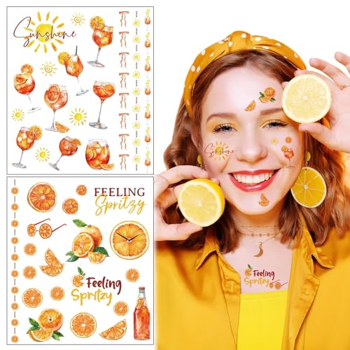 BOFUNX 4 Stücke Orange Tattoos Temporäre Gesichtstattoos Körpertattoos Obst Cocktail Tattoos für Fasching Karneval Mottoparty Cosplay