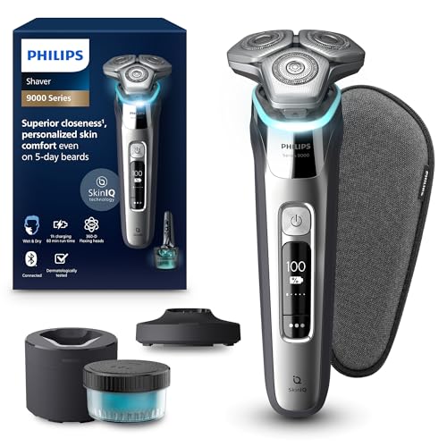 Philips Shaver S9000, elektrischer Nass- und Trockenrasierer, Lift & Cut-Rasiersystem und SkinIQ Technologie, ausklappbarem Trimmer, Reinigungsstation, Ladestation, Reiseetui, Chromsilber, S9975/54