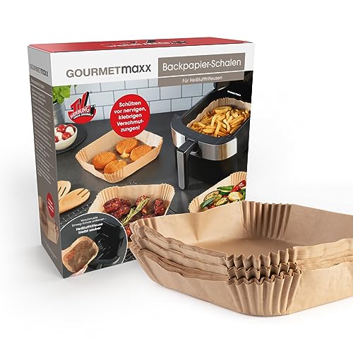 GOURMETmaxx Antihaftbeschichtete Backpapier-Schalen 100er Set für eine deutlich sauberere Heißluft-Fritteuse |Aus ungebleichtem Zellstoff mit extra hohem Rand als Spritzschutz, ca. 20 x 20 x 4,5 cm