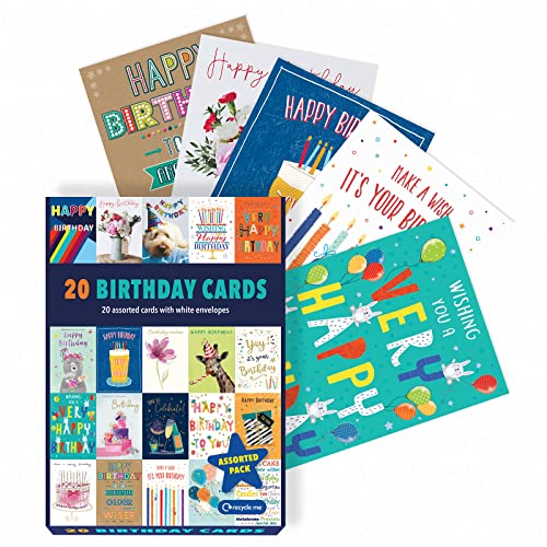 Piccadilly Greetings Box mit verschiedenen Geburtstagskarten Multipack | Geburtstagskarten 20 Stück | 12,7 x 17,8 cm | Inklusive 20 einzigartigen bunten Designs, mit weißen Umschlägen, geeignet für