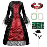 Vampir Kostüm Kinder Königin Halloween Kostüm Mädchen Kleid Verkleidung mit Halsband und Schwarz Gothic Rose Kinder-Vampirgebiss Vampir Halskette Karneval Mottoparty Dracula Cosplay Party G052XL