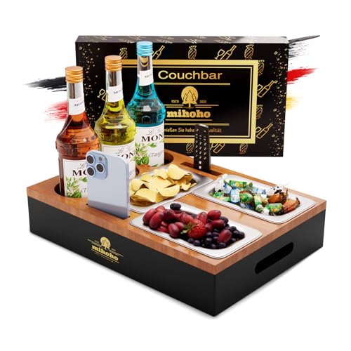 Couchbar, Sofa Organizer auf dem Beistelltische Couchtisch, Couchbar Holz als Bier Geschenke für Männer, Sofatablett Mit DREI Snackschalen und Mehrere Lagerplätze (Holzfarbe)