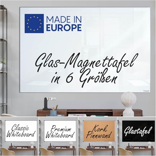 VISCOM Glas-Magnettafel - 40 x 60 cm in reinem Weiß - rahmenlose Magnetwand - Memoboard magnetisch, beschreibbar & trocken abwischbar - inkl. Magnete, Stift, Tafellöscher