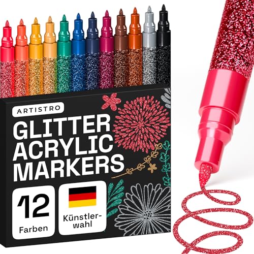 Artistro 12 Glitzer Filzstifte Zeichenset, Stifte zum Bemalen von Steinen, Felsmalerei, Keramik, Glas, Holz, Stoff, Scrapbooking, DIY Projekte, Set Acryl Glitzer Stifte mit Extra-Feiner Spitze 0,7mm