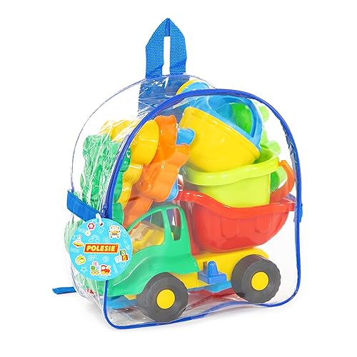 Polesie 4566 Set im Rucksack mit LKW "Ameise", Eimer "Blume" mittel, Schaufel, Rechen, 5 Foermchen, Giesskanne, farblich sortiert