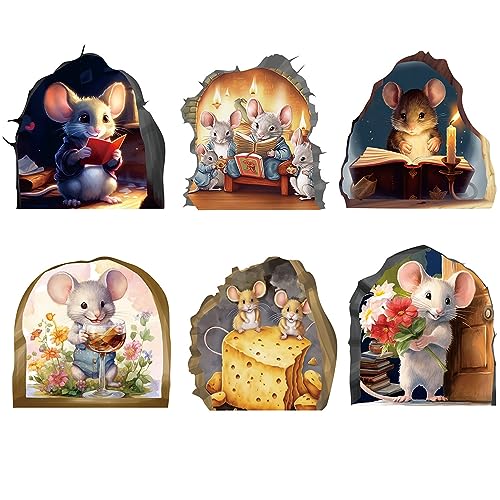 6 Stück 3D Leuchtaufkleber Lustige Wandtattoo „Maus Im Loch“ Thema Wandaufkleber, Realistische PVC Wandsticker Aufkleber für Haus Wohnzimmer Bücherregal Dekor (Maus)