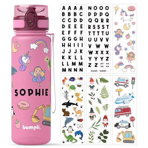 bumpli® Trinkflasche Kinder - 500ml - GRATIS Namensticker- Trinkflasche Kohlensäure geeignet, auslaufsicher - BPA-frei mit Fruchteinsatz - Ideal für Schule, Kindergarten, Sport (Rosa)