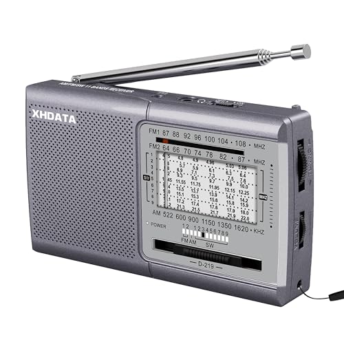 XHDATA D219 UKW/FM/AM Radio Batteriebetrieben Weltempfänger Mini Radio,Radio Retro für Haushalt Outdoor Camping Wandern Tragbares Radio Grau