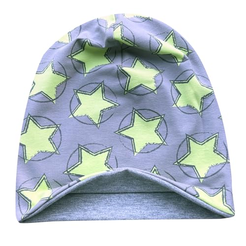 Wollhuhn ÖKO Jungen/Mädchen Bequeme Weiche Long Beanie/Mütze/Beanie-Mütze/Strickmütze/Kindermütze Jersey Gefüttert Übergangszeiten (Öko-Stoffe/Bio) 20220620 (Circle Stars Grün, L)