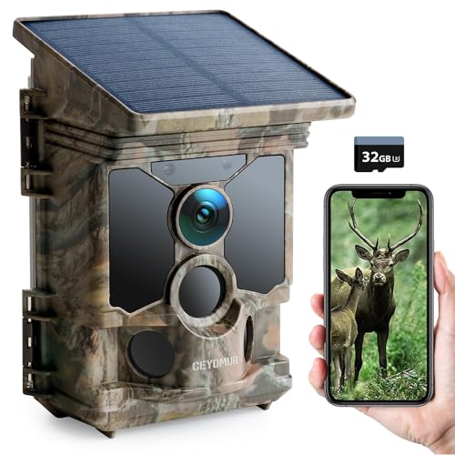 CEYOMUR Solar Wildkamera 4K 30fps, 46MP Wildkamera WLAN Bluetooth, 120° Erfassungs Winkel Bewegungsmelder Nachtsicht IP66 Wasserdicht für Wildtier Überwachung mit U3 32GB Micro SD-Karte