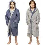 CalmyLIFE Bademantel Kinder Mädchen Jungen - mit Wendefunktion und Kapuze Teenager kuschelige Bademäntel für Jungs Kinderbademantel (134/140 Dunkelblau/Hellgrau)