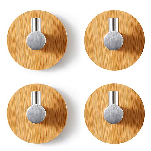 IWILCS Holz Bambus Wandhaken, 4pcs Selbstklebend Haken Klebehaken Holz Edelstahl & Bambus Bademantelhaken Holz Selbstklebend Bademantelhaken Ohne Bohren zum Aufhängen für Küche und Bad