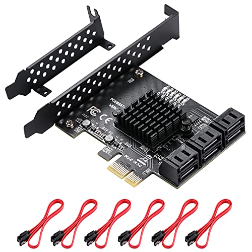 MZHOU PCIe SATA Karte 6 Port, PCIe zu SATA-Controller-Erweiterungskarte, 6 Gbit/s SATA 3.0 PCIe-Karte mit 6 SATA-Kabeln, ASM1166 1X 6-Port-Chip,Integrierter Adapterkonverter für Desktop-PC