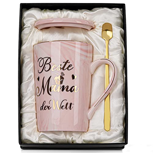 Muttertagsgeschenk Geschenke für Mama Geschenk, Beste Mama der Welt Tasse - Lustig Muttertag Muttertagsgeschenke, 400ml Rosa Marmor Mutter Becher mit Goldaufdruck, Deckel Löffel Grußkarte, Geschenkbox