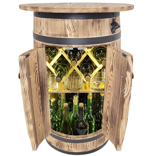 weeco Holzfass mit großer Ablagefläche und LED-Beleuchtung sowie klappbarem Weinregal für Zuhause und Gastronomie, Flaschenschrank für Alkohol, Flambiertes Holz 80x55x44 cm