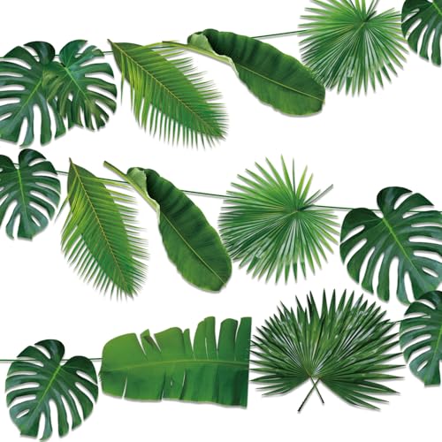 Palm Leaves Party Dekorationen - 3 Pcs Tropische Blätter Banner, grüne künstliche Palmenblätter Girlande, Dschungel Party Dekorationen Palmenblätter für Hawaii-Thema Party Supplies