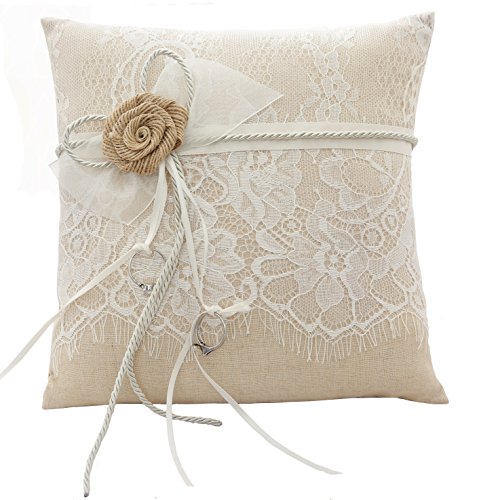 HESHIFENG. party & accessories Vintage Hochzeit Ringkissen Sackleinen Jute Spitze Blumen 21cmx 21cm (R637)