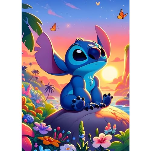 DPHERO DIY Stitch Diamant Painting Bilder für Erwachsene Anfänger,5D Cartoon Diamond Painting Set,DIY Runde Steine Sonnenuntergang Diamant Kunst Kits, Diamant Painting für Zuhause Dekor 30x40 cm