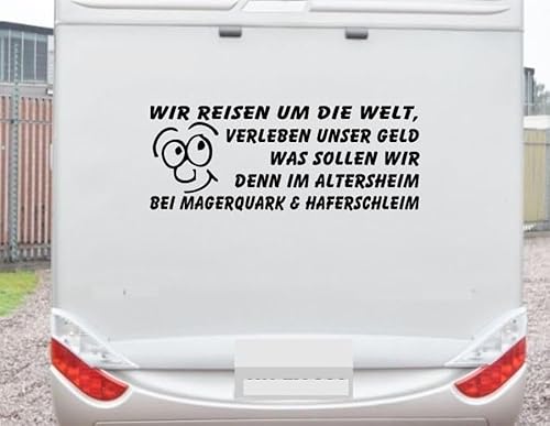 Wir reisen um die Welt Lustiger Spruch Aufkleber Größe S 60 x 30 cm für Wohnmobil Wohnwagen Womo WOWA Caravan