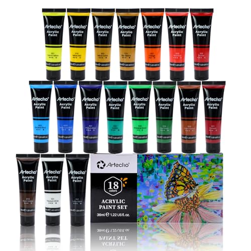 Artecho Acrylfarben Set 18 x 36 ml, Acrylic Paint Set, Wasserfest und Lichtecht, Schnell Trocknend, ideal für Leinwand, Papier und Stoffe, Geschenke zu Weihnachten und anderen Feiertagen