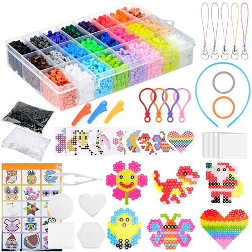 WuGU 6300 Stück Bügelperlen Set, 24 Farben Bügelperlen 5mm Nachfüllset Steckperlen, Komplette Bügelperlen Set mit Bügelperlen Platten, DIY Bastelperlen Set Kinder, Geburtstag Geschenk für Kinder