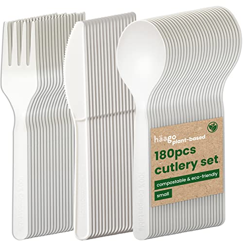 HAAGO 180er Mehrweg-Besteck-Set (60x Messer, 60x Gabeln, 60x Löffel, weiß, 15cm) - Ideal für Catering & Hochzeiten - strapazierfähige Materialien