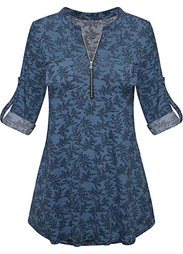 Odosalii Damen-Tunika-Bluse mit Reißverschluss, kurz/langärmelig, mit Blumenmuster bedruckt, M-blaue Blätter, Small