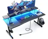 GTPLAYER Gaming Tisch 140 x 60 cm, LED Gaming Schreibtisch mit Monitorständer, Computertisch mit Steckdosenleiste und Haken, für Arbeit und Gaming, Schwarz