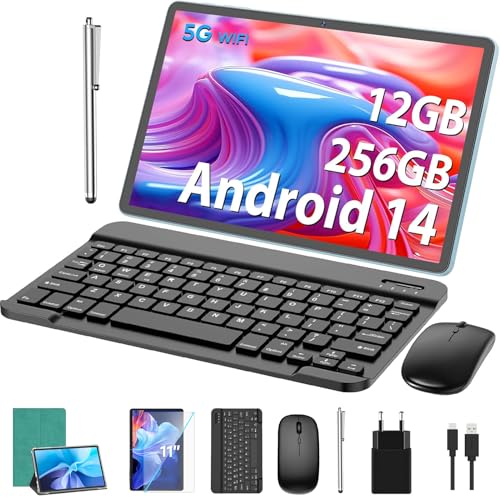 Android Tablet,11 Zoll Tablet Android 14 mit Tastatur, 12GB+256GB, 1TB Expand, Tablet PC mit Octa-Core, 8000mAh, 2.4G/5G WiFi, 13MP+5MP Kamera, 2 in 1 Tablet mit Tastatur Tasche, Maus, Stylus(Grün)