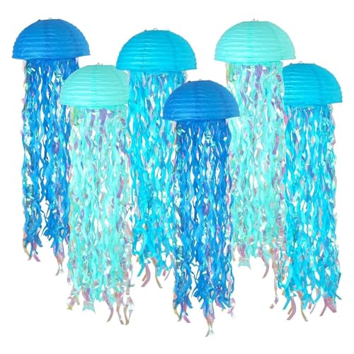 Jeorywoet 6pcs Quallendekor 10x31 '' Realistische Hängequalle -Laternen wiederverwendbares Blue Ocean Party Dekorationen für Klassenzimmer Fenstertür Garden Courtyard Festival, Qualle Laternens